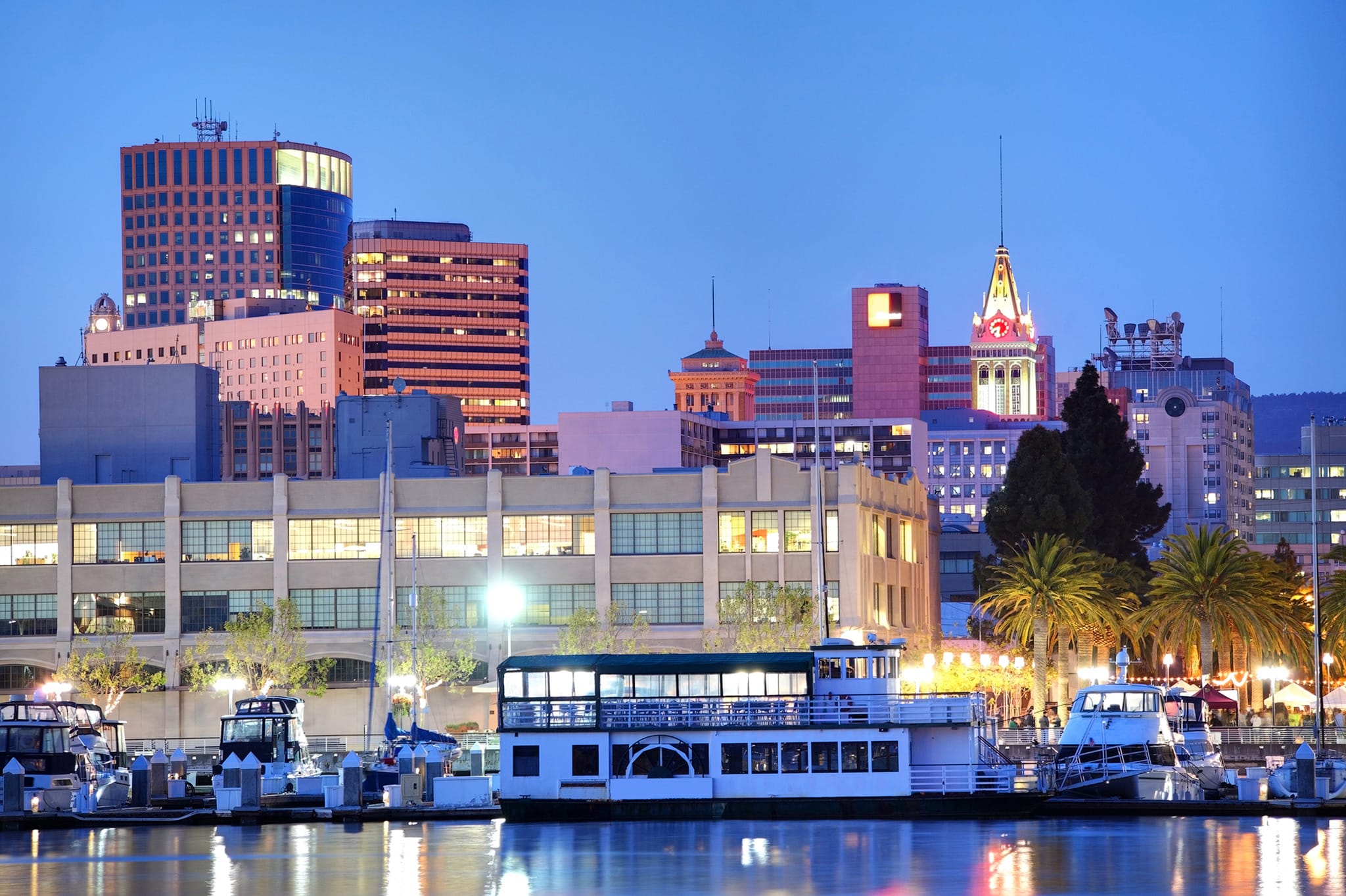 Oakland skyline at twilight overlooking the waterfront